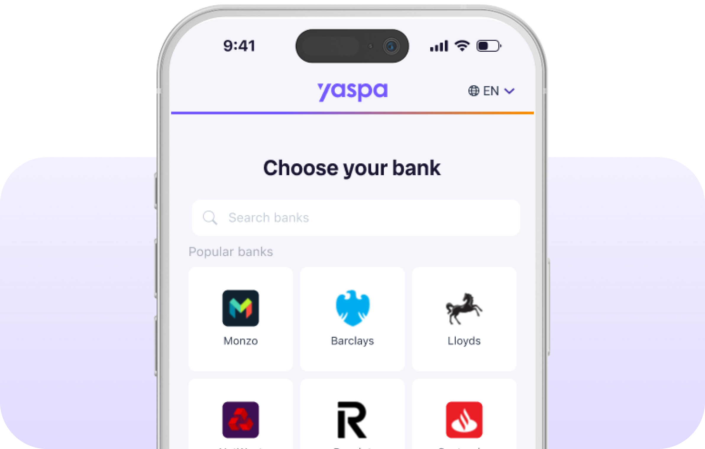 a photo of a phone with text 'Yaspa, choose your bank' and below is various bank logos