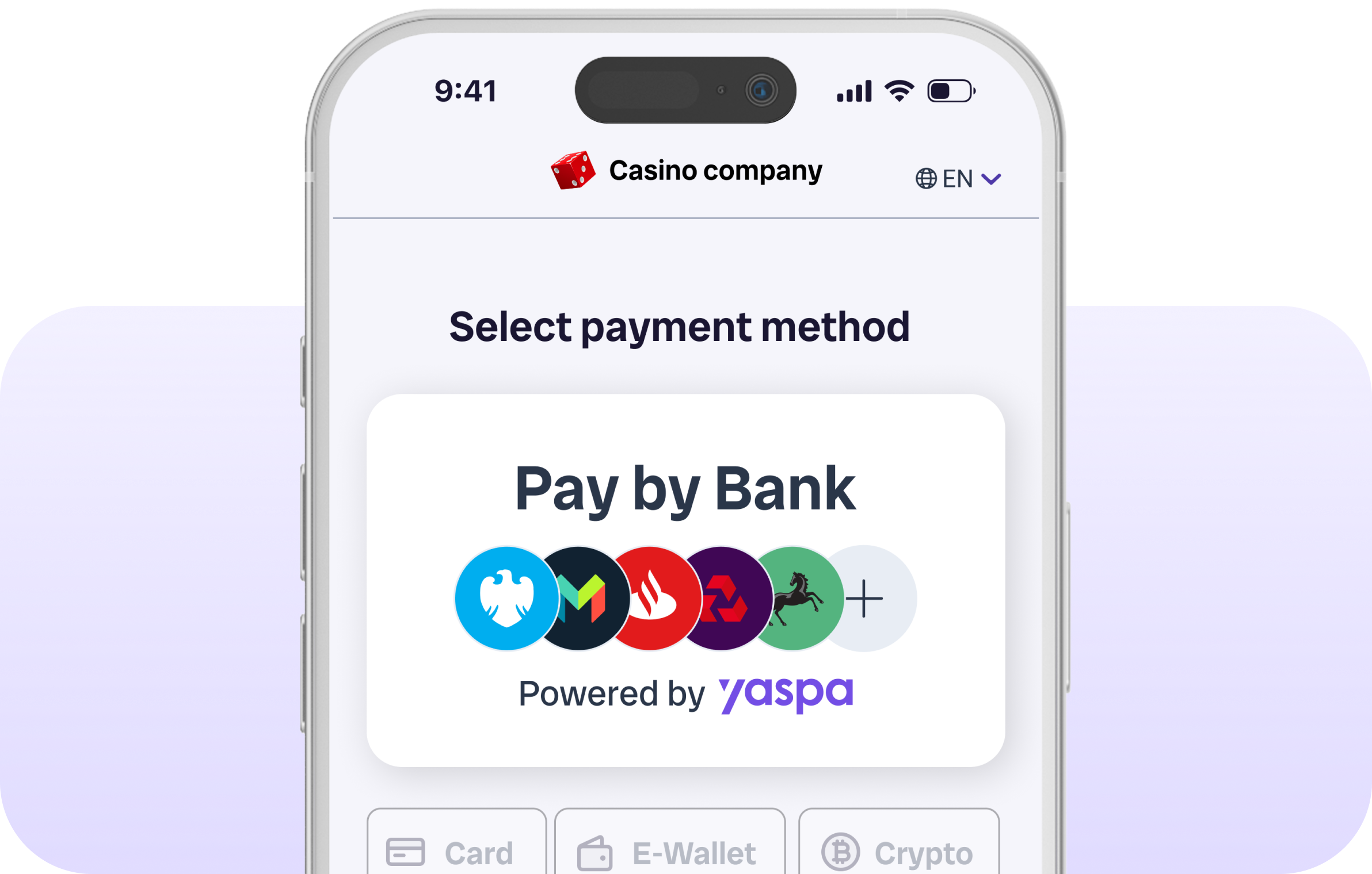 a photo of phone with text 'Casino company, select payment method, pay by bank' and various bank logos