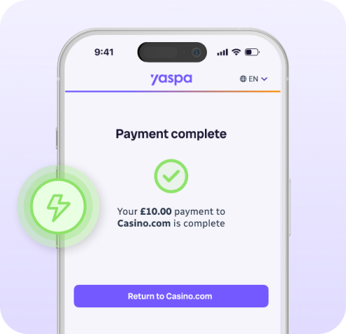 a phone display with text 'payment complete' and a green tick