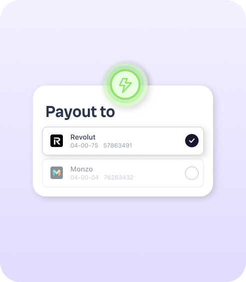 a display demonstrating a payout option to two optional bank accounts