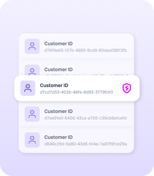 multiple icons of example customer IDs with one having a pink icon shield with lightning bolt in