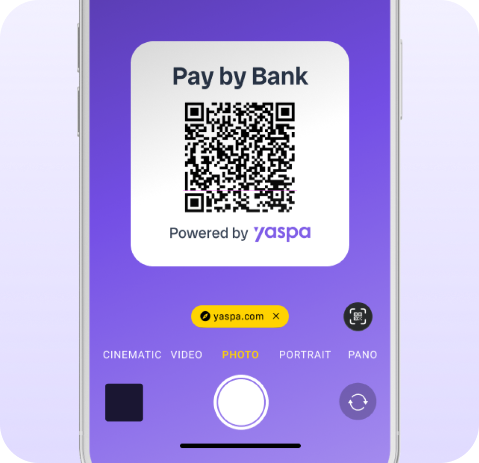 a phone display with a example QR code and text 'Pay by Bank, powered by Yaspa'