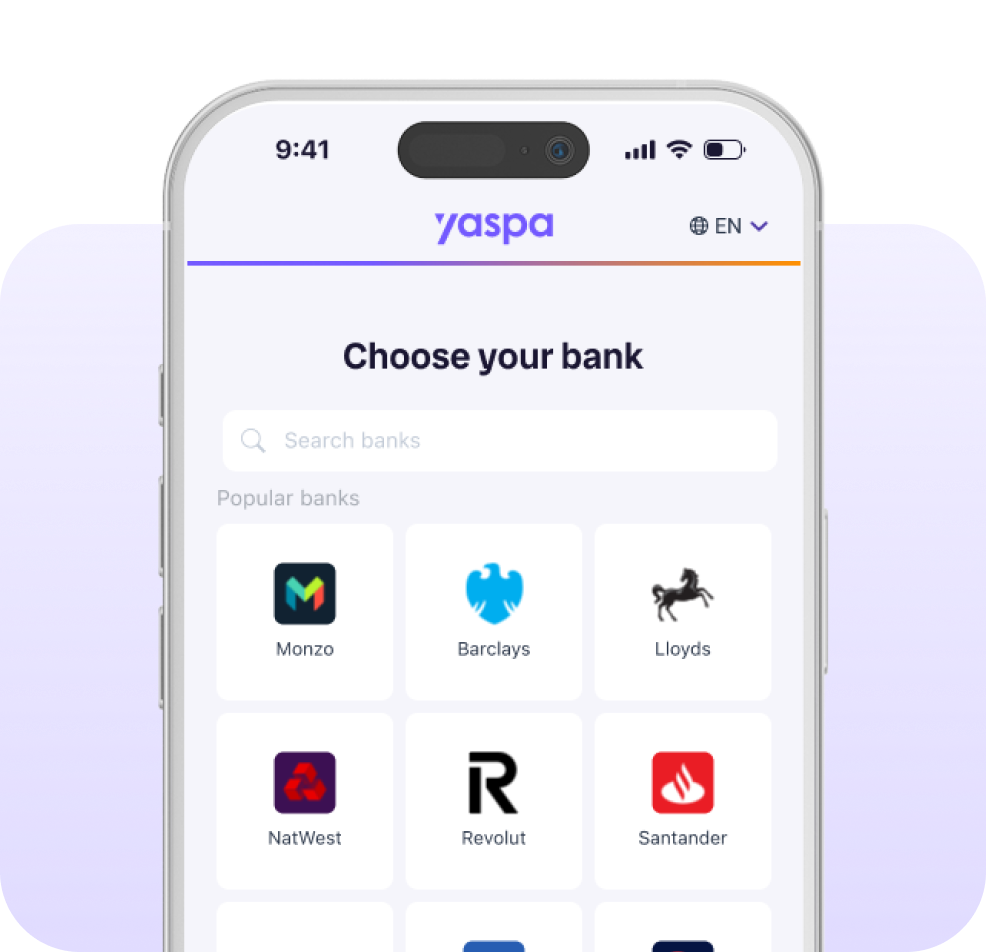 a phone display with text 'yaspa, choose your bank' and various banks logos as options