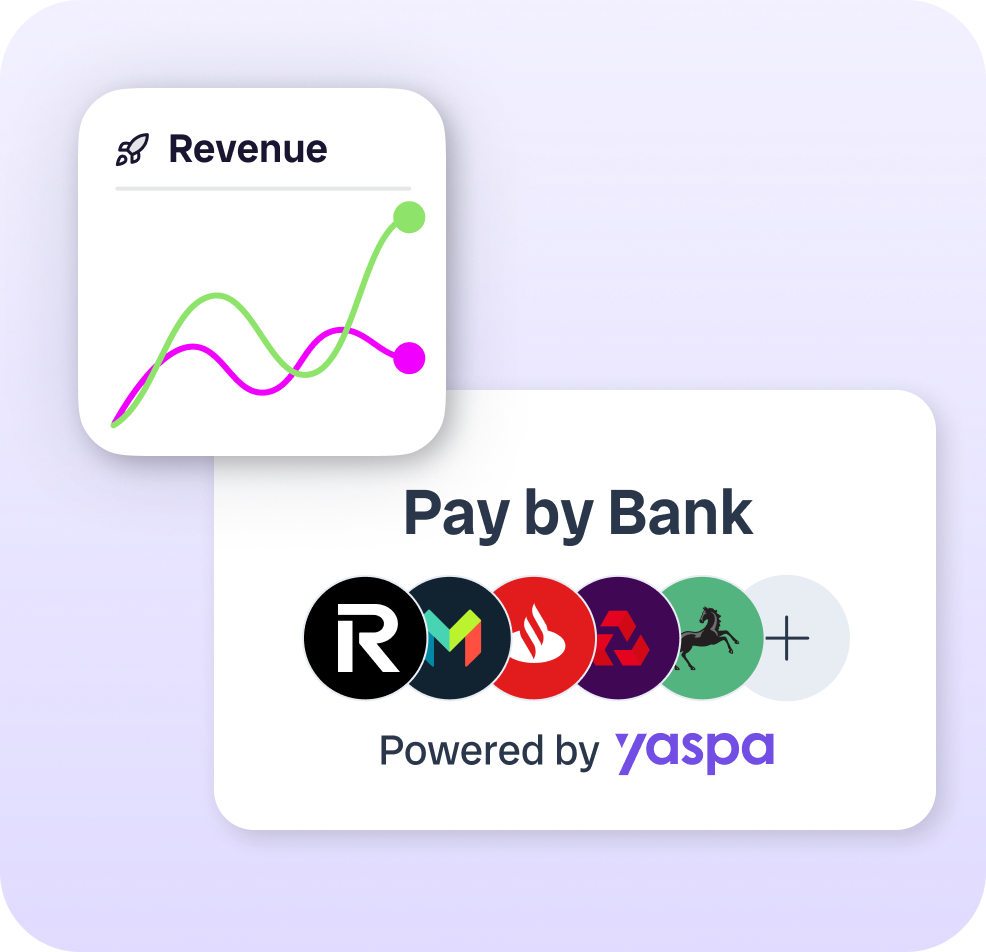 a example revenue display line chart and text' pay by bank' with banking logos as examples