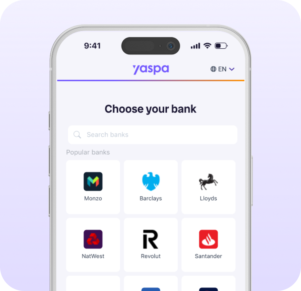 Example phone with text 'Yaspa choose your bank' with various banking logos as options