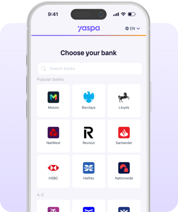 phone example with text 'choose your bank' with various bank logos
