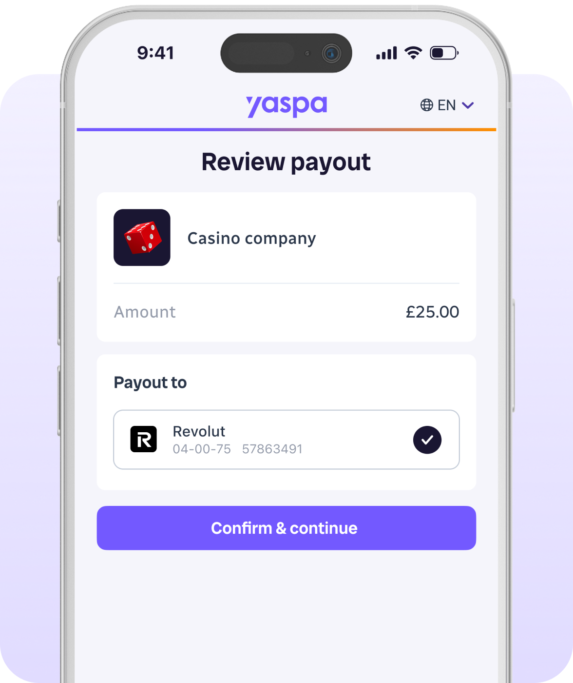 a phone display of an example payout for a user